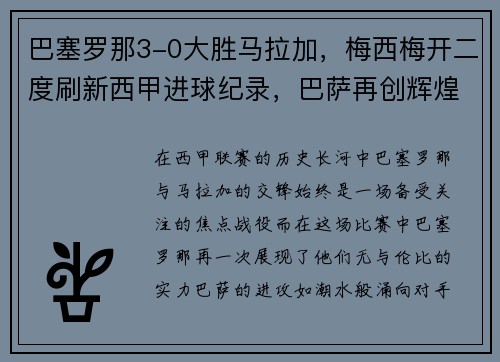 巴塞罗那3-0大胜马拉加，梅西梅开二度刷新西甲进球纪录，巴萨再创辉煌