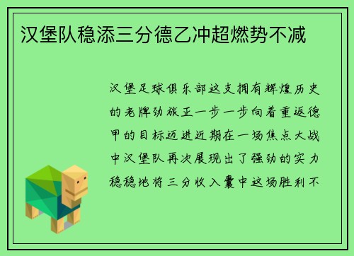 汉堡队稳添三分德乙冲超燃势不减